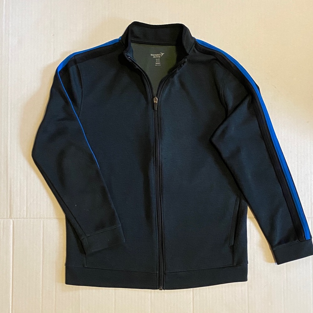 🎈$10 add on Old Navy Black Zip-Up Track Fleece with Blue Black Shoulder Stripes